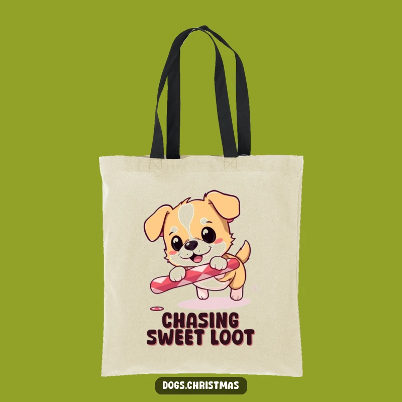 Funny Dog Tote Bag: Candy Cane Chase, Holiday Shopping Fun, Great Gift