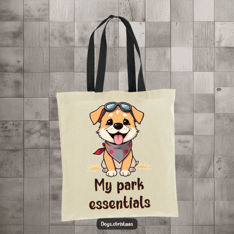 Funny tote bag featuring a dog in a bandana, panting with outdoor joy, ideal for carrying essentials with a humorous touch.
