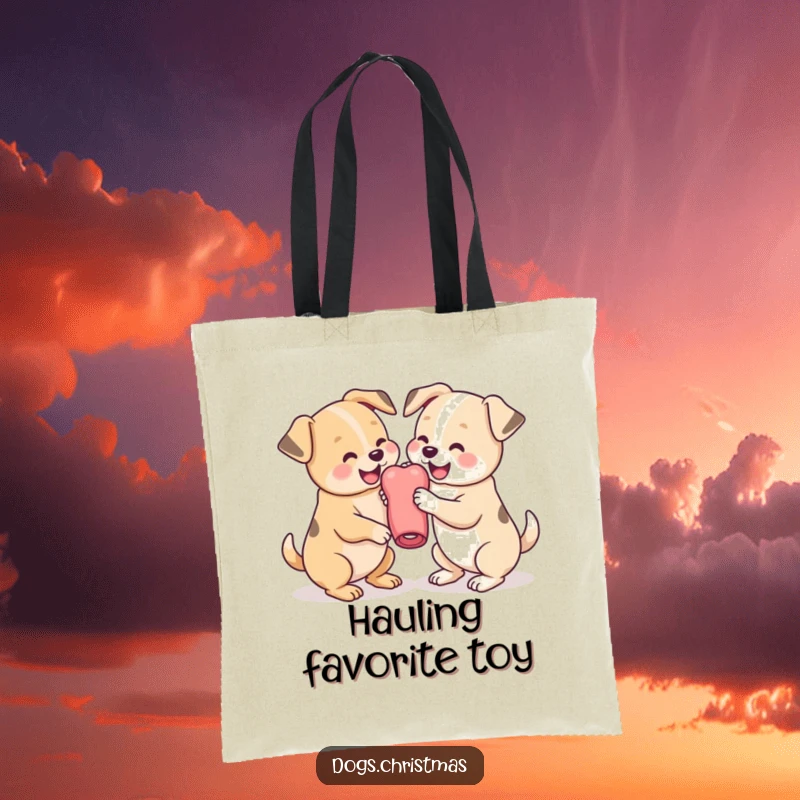 Funny Dog Tote Bag showcasing two kawaii dogs playfully wrestling over a chew toy, perfect for errands and pet lovers.