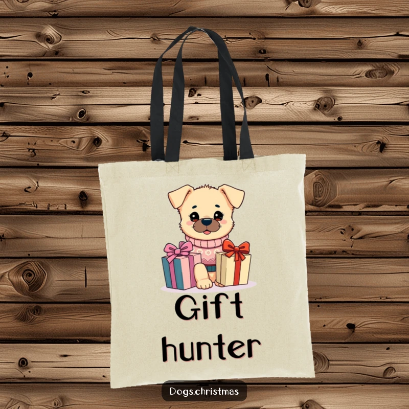 Funny Kawaii Dog Tote Bag: A dog in a festive sweater adores a gift, bringing funny holiday spirit to your shopping.