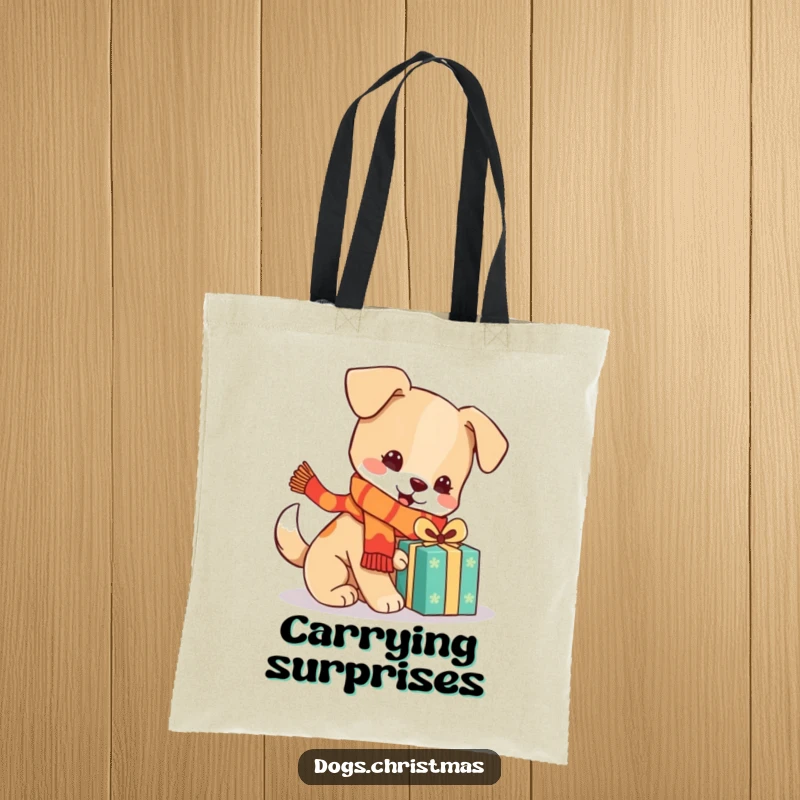 Funny kawaii dog in a scarf playing with a present on a tote bag, festive accessory, cute pup design, ideal funny gift.