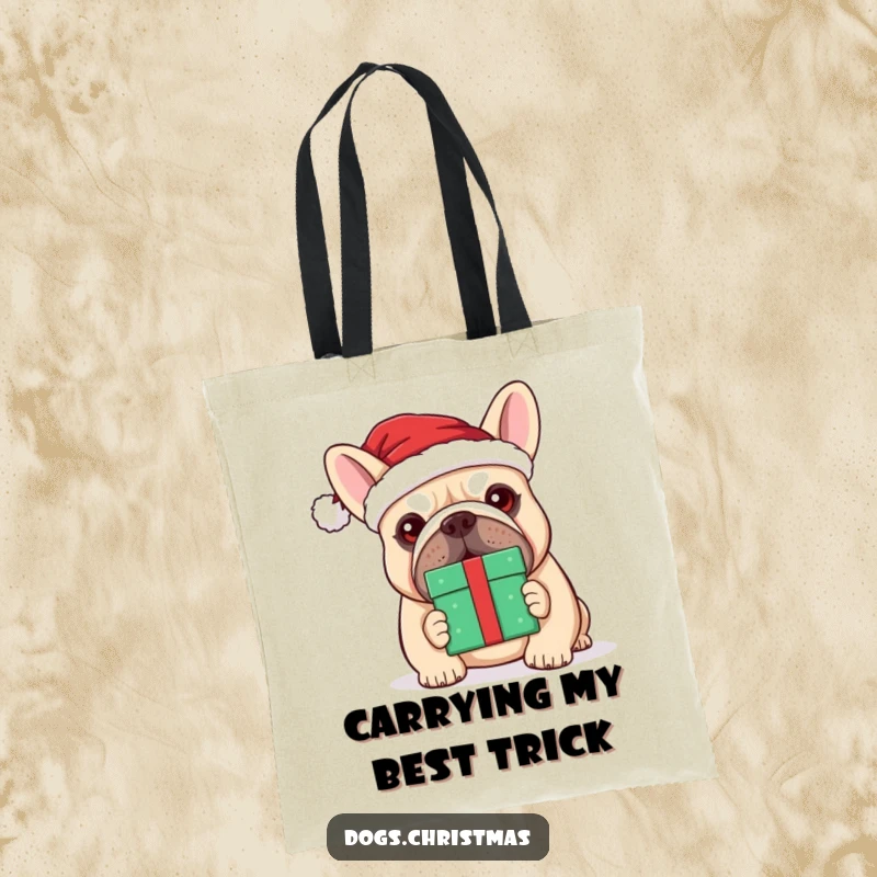Funny kawaii bulldog with a Santa hat humorously balancing a gift on its nose, a cute and functional tote.
