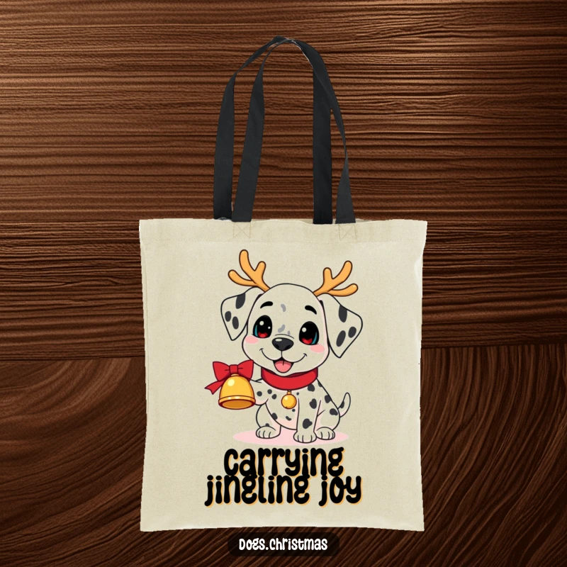Funny Kawaii Dalmatian Tote Bag: A dalmatian with reindeer antlers holds a jingling bell, a humorous and practical accessory.