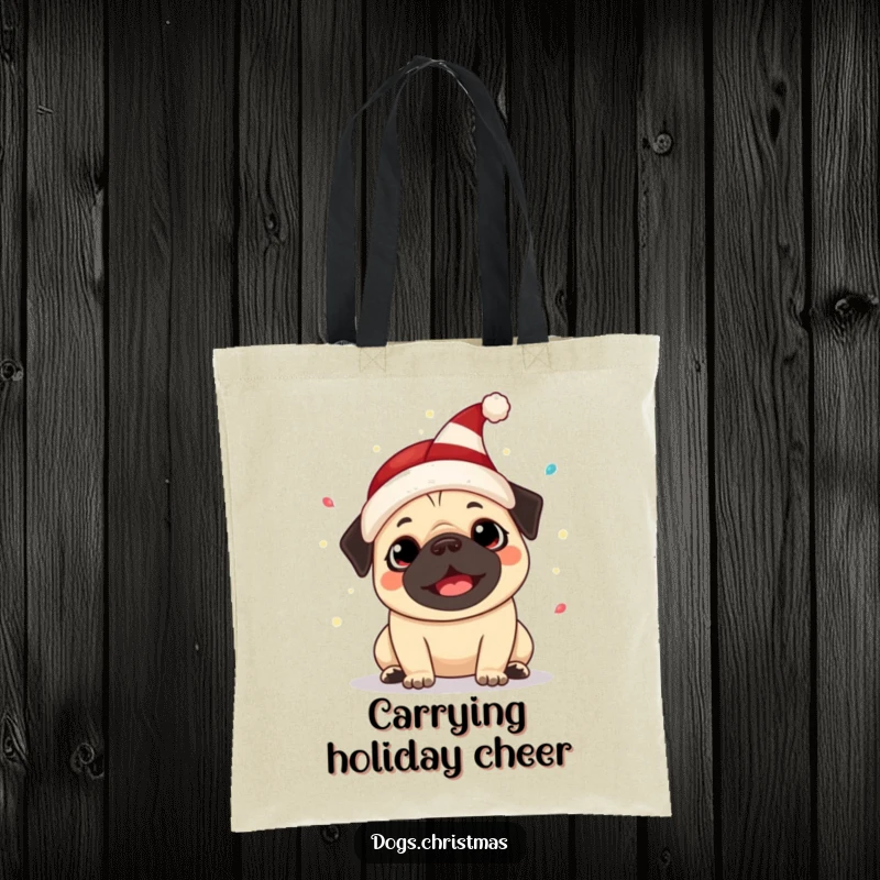 Funny Kawaii Pug Tote Bag: A happy pug in an elf hat barks near festive lights, a humorous and practical Christmas accessory.