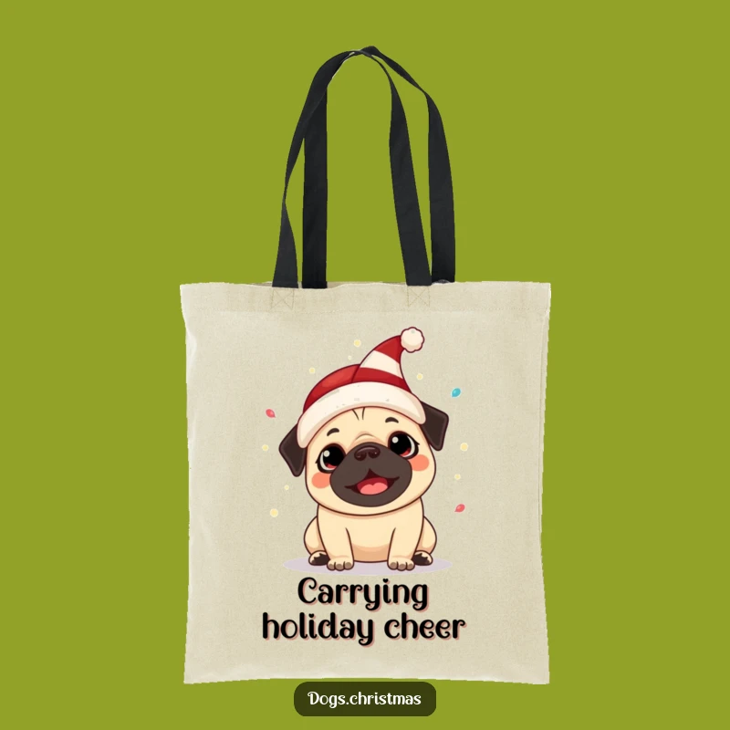 Funny Kawaii Pug Elf Hat Tote Bag: Festive Lights Carry-All Perfect Funny Gift