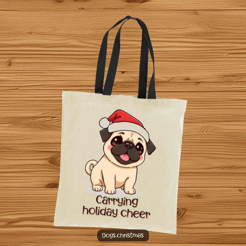 Funny Pug Santa Tote Bag with a cute pug wearing a Santa hat, excitedly wagging its tail, perfect for holiday shopping.