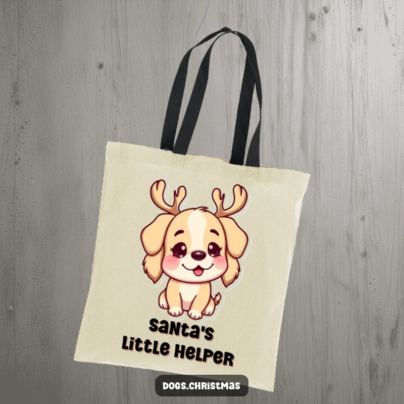 Funny Tote Bag: A joyful dog character sporting large, festive reindeer antlers, ideal for holiday shopping.