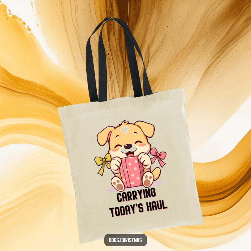 Funny Unwrapping Dog Tote Bag: A tote bag featuring a dog gleefully using its paws to open a present, full of joy.