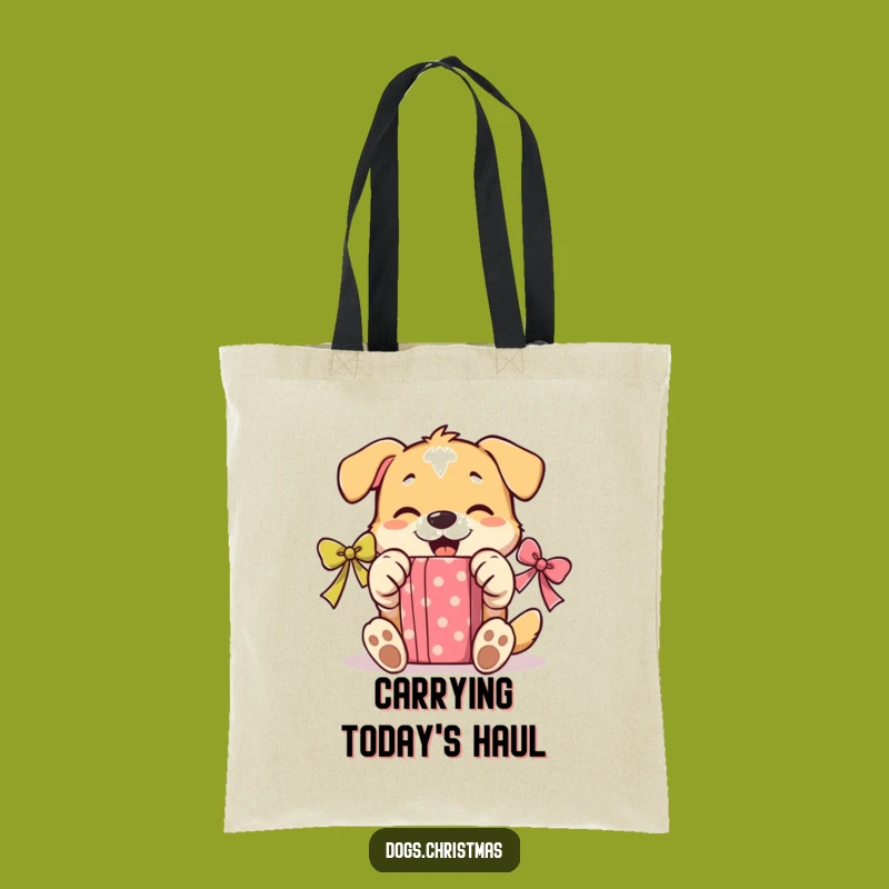 Funny Unwrapping Dog Present Tote Bag: Happy Paws Opening Gift Carryall, Joyful Funny Gift