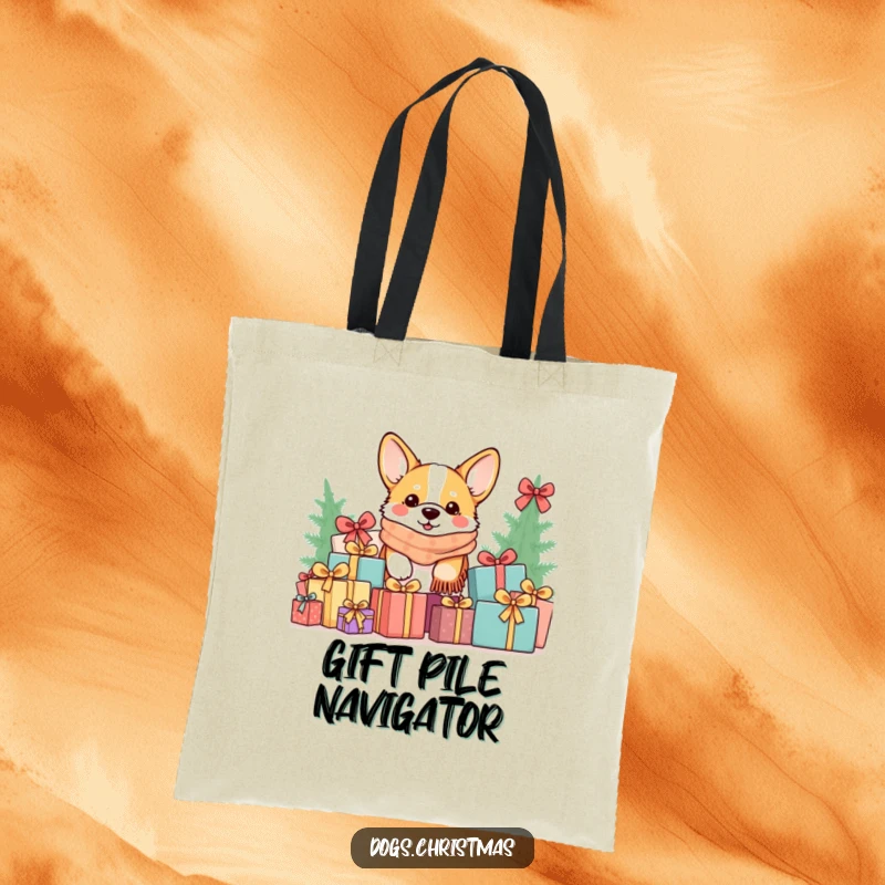 Funny Kawaii Corgi Tote Bag: A cozy-scarfed corgi peeks from a gift pile, a humorous and practical holiday accessory.