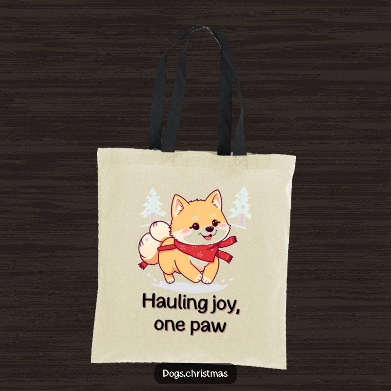 Funny Kawaii Shiba Inu Tote Bag: A festive Shiba Inu dog happily jumping through fluffy snow, ready for holiday adventures.