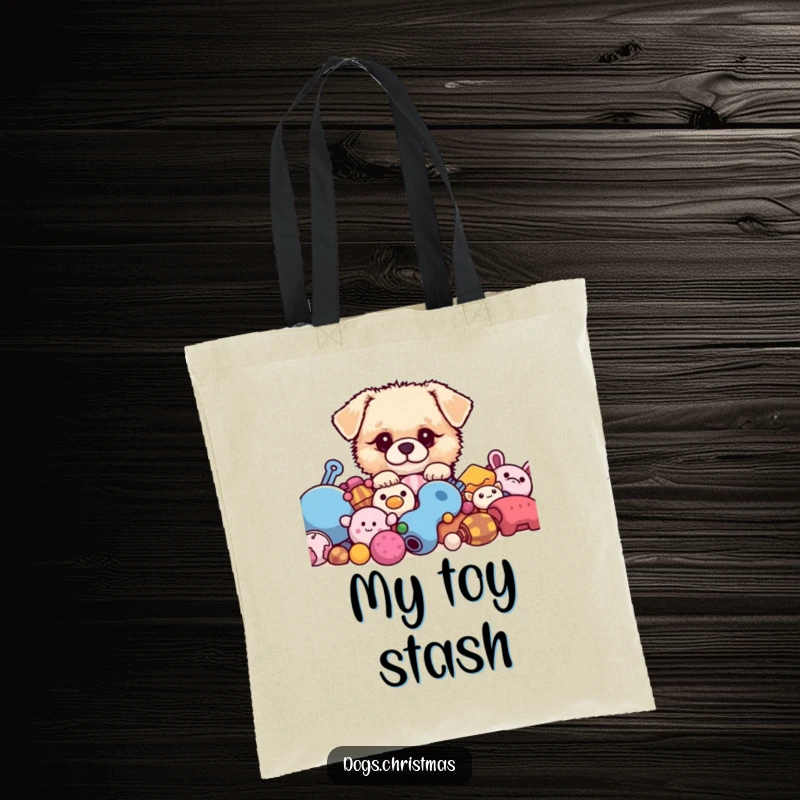 Funny kawaii dog peeking from behind toys, fluffy pup tote bag, cute accessory, ideal funny gift.