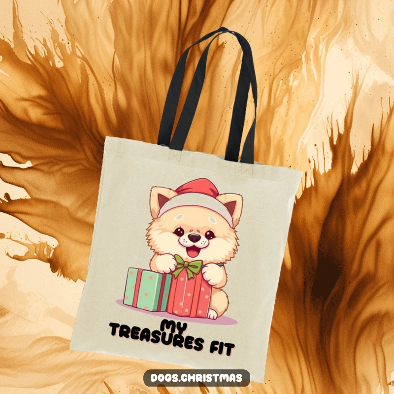Funny Santa dog tote bag showing a fluffy dog in a Santa hat, enthusiastically unwrapping a holiday gift.
