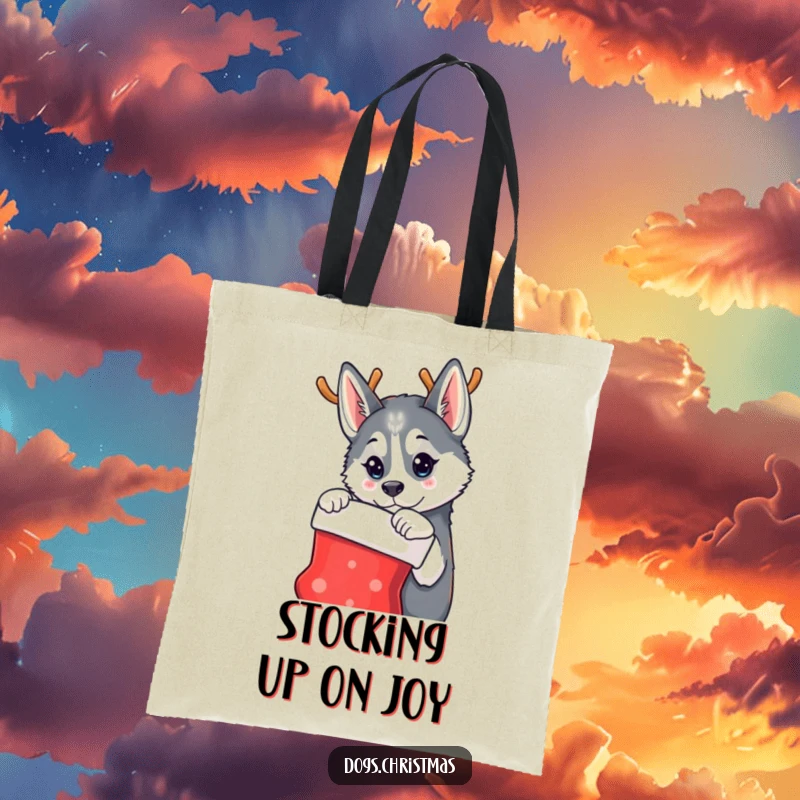 Funny tote bag showcasing a husky dog with reindeer antlers, curiously peering into a Christmas stocking, brimming with holiday anticipation.