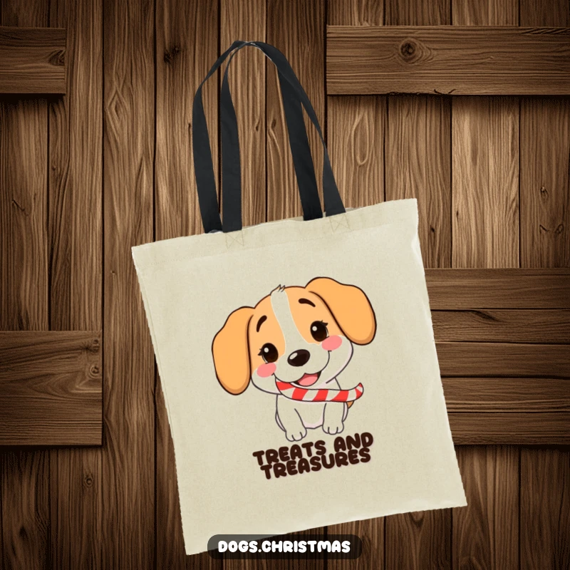 Funny Dog Candy Cane Tote Bag with a grinning dog carrying a candy cane, ideal for festive outings.